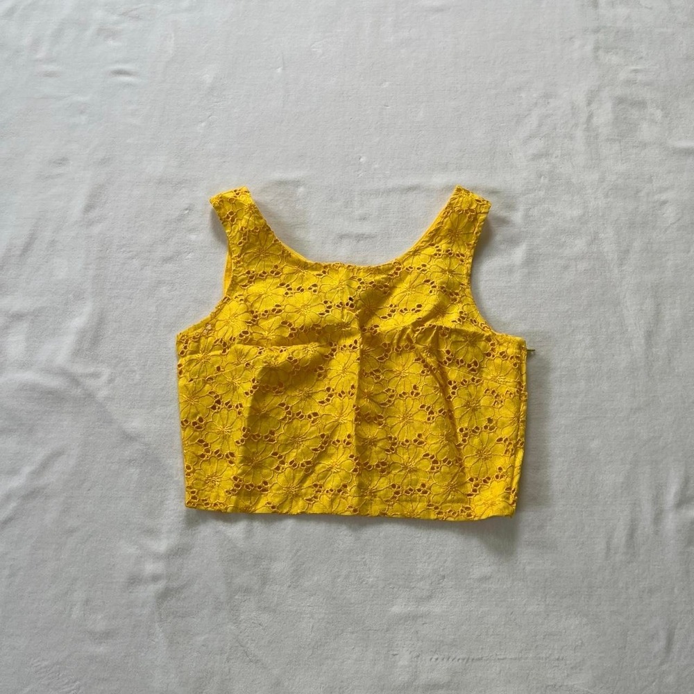 Vintage Small Caché Linen Eyelet Lace Crop Top Yellow Deadstock NWT Blouse USA